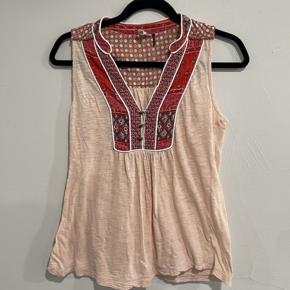 Anthropologie Cream Tank Top with Red Embroidered Yoke